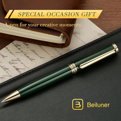 Image of BEILUNER Luxury Gel Pen with 24K Gold Finish, Green Piano Lacquer, Luxury Grade Craftsmanship, Fancy Pen Gift Set for Men and Women, Graduation Gift, Executive, Office, Retractable, Nice Pen Set