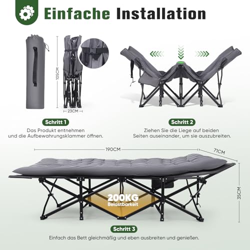 Sekey Feldbett Klappbar XXL, 190 x 71 x 35 cm überbreit, Campingbett inkl. Matratze, verstärkte Stahlrohre und hochwertiges Oxford-Gewebe – ideal als Gästebett für Garten und Camping