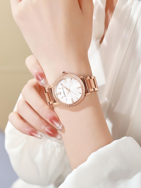 Image of Giordano Analog Watch for Women with Sunray Round Dial, Crystal Studded Bezel, Roman Numerals Markers, Quartz Movement and Rose Gold Stainless Steel Strap - GZ-60118