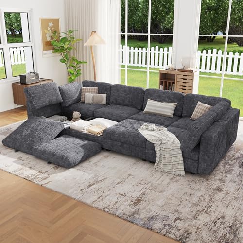 Image of 128 inch Modular Sectional Chenille Sofa bed with Hidden Storage, Comfy Modern 8 Seater Oversized Deep Seat Couch, Modular Sectional with Ottoman and Removable Cover for Living Room, Apartment, Gray