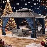 RTDTD 12' x 14' Hardtop Gazebo,Outdoor Aluminum Frame Permanent Pavilion Double Galvanized Steel Roof Pergola with Nettings and Curtains for Patio Lawns Backyard Deck,Navy Blue