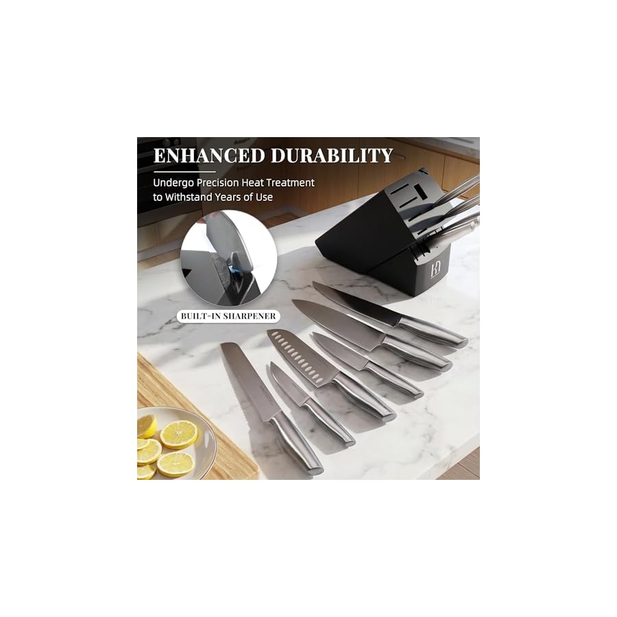 Knife Set Premium, Kitchen Knife Block Set 14 Pcs Japanese High Carbon Stainless Steel Enduring Razor Sharp, Black Chef Knives Set for Kitchen with Built-in Sharpener and Acacia Wood Block