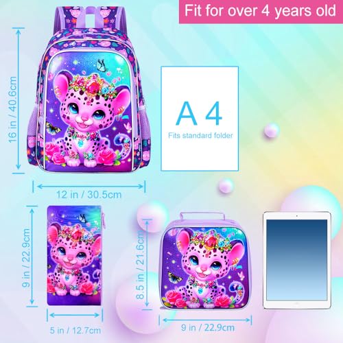 Image of 3Pcs Girls Backpack, 16 inch Kids Bookbag with Lunch Box，Leopard School Backpacks for Elementary Preschool Kindergarten (Purple)