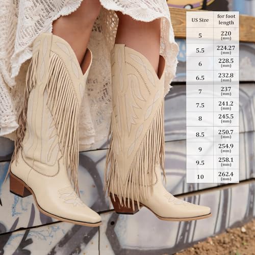 Cowboy Boots for Women Retro Pointed Toe Pull On Block Chunky Heel Embroide Tassel Country Concert Outfits Calf Western Cowgirl Boots3