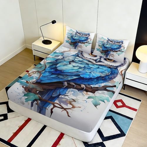 Drap housse hibou 200x200x25cm en microfibre bleue