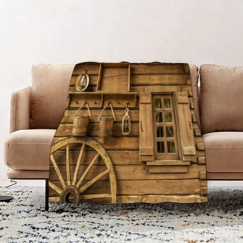 EOMKSE Mantas para Sofá de Franela Suave y Acolchada - Manta Polar Microfibra,Manta de sofá,de Cama o de Sala de Estar,Decoración occidental, rueda de carreta junto a madera rústica con venta150x200cm