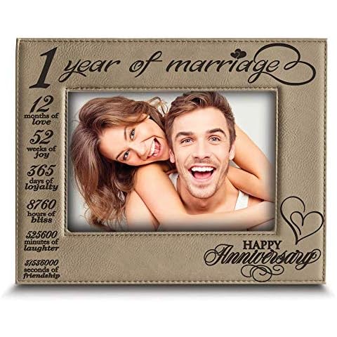 Bella Busta -1 Year of marriage-Happy 1st Anniversary -Engraved Leather Picture Frame-First Anniversary for couple (5 x 7 Horizontal (Beige) Cover