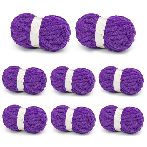 Chunky Yarn for Hand Knitting, Chunky Chenille Blanket Yarn for Crocheting, Bulky Soft Fluffy Chenille for Blanket Project, 8 Pack of 8oz/25yds, Purple