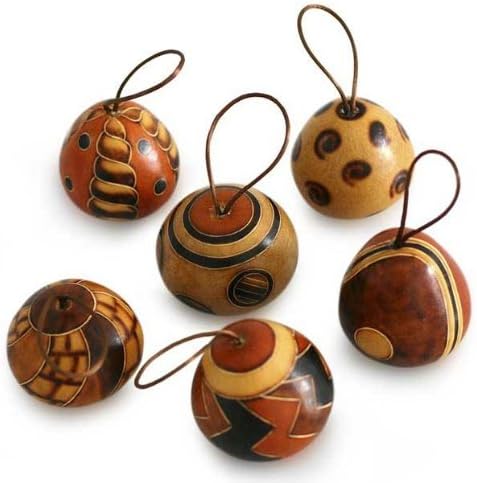 Natural Carved Mate Gourd Ornaments, 'Festive Geometries' Peru Artisan Christmas (set of 6)1180