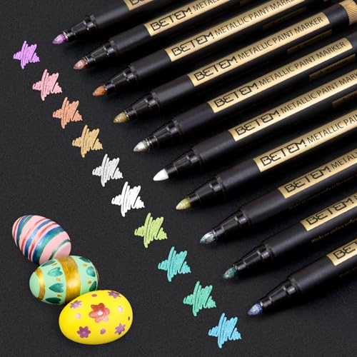 Betem Metallic Paint Markers 10 Colors Acrylic Metallic Markers for Black Paper 2mm Medium Tip Glitter Pens Scrapbooking Supplies Teacher Appreciation Gift Rock Photo Albums Card Making Kit