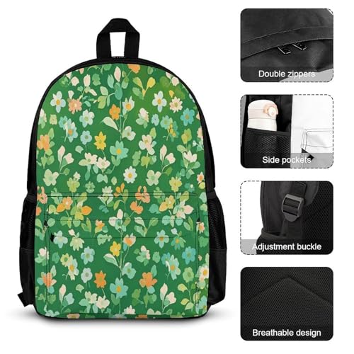 3-in-1 Backpack Combination Set Green Floral Print 3Pcs Backpack Sets Travel Daypack with Lunch Bag And Cosmetic Bag3