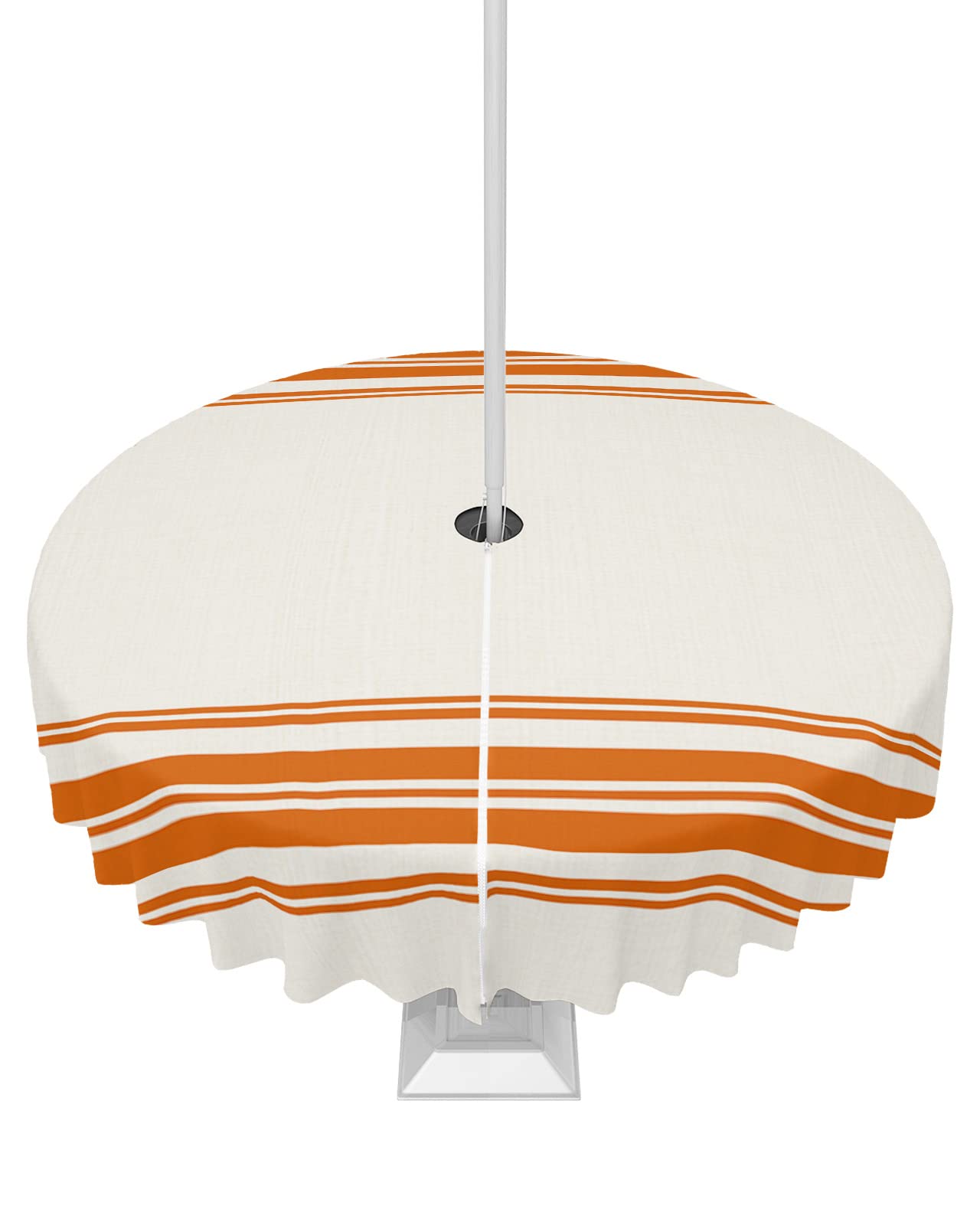 Fall Tablecloth with Umbrella Hole and Zipper Orange Stripes Round Outdoor Tablecloths 54 Inch Table Cloths French Stripe Farmhouse Style Patio Table Cloth Cover for Fall Thanksgiving Picnic Garden