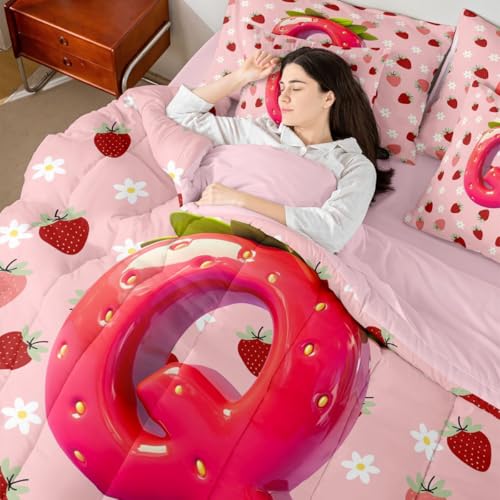 Image of Feelyou Girls Cute Strawberry Comforter Set with Sheets 7 Piece Twin Size Pink Strawberry Bedding Set for Kids Boys Girls Initial Letter Bed in a Bag Room Decor Soft Lightweight Microfiber