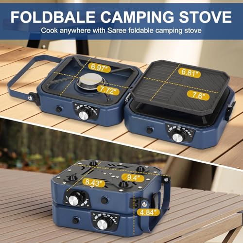 Fornello da campeggio a 2 fuochi a gas portatile con piastra, 16000 BTU bruciatori regolabili e accensione piezoelettrica per barbecue, viaggi su strada, cucina di emergenza