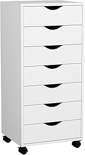 VOWNER Rollcontainer mit 7 Schubladen, mobiler Aktenschrank unter Schreibtisch, schmaler Schubladenschrank, Bürocontainer mit 4 Rollen, Druckertisch für Zuhause & Büro,35x40x87 cm (Weiß)