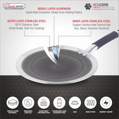 Image of Classic Steels Hexa Comb Roti Tawa 28cm - 2.5mm Thick | Non-Stick Triply Stainless Steel Roti Tawa for Roti, Chapati, Paratha | Induction & Gas Compatible| Durable Stay Cool Silicon Handle