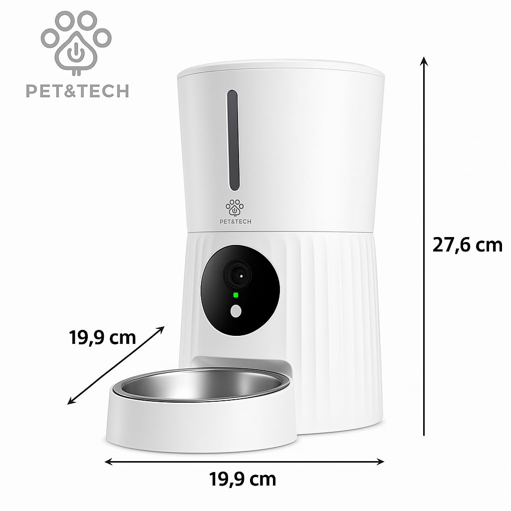 PET&TECH Comedero Automático para Gatos y Perros, 4L, Dispensador de Comida Mascotas, WiFi 2.4G/5G, Cámara HD 1080p, App Smart Life, Audio Bidireccional, hasta 10 Comidas al Día