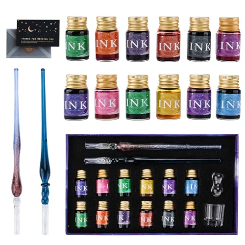 KIMIGO Juego de Pluma de Cristal,2 Bolígrafos de Pluma de Cristal 12 Tintas Multicolores,Juegos de Caligrafía para Tarjetas de Felicitación,Papel Postal,Decoración,Escritura y Regalos