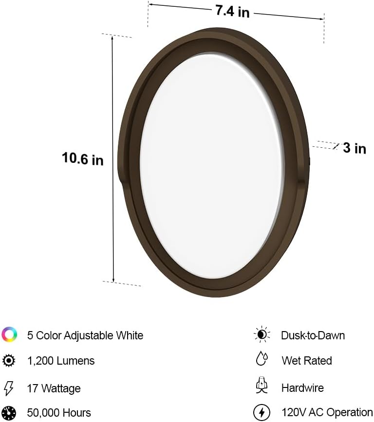 Feit Electric LED Outdoor Wall Light, 1200 Lumens Dusk-to-Dawn Porch Light with 5CCT Selectable Color (3000K–6500K), Bronze Exterior Wall Mount Fixture, Wet Rated LED Sconce S10OWM/5CCT/DD/BZ