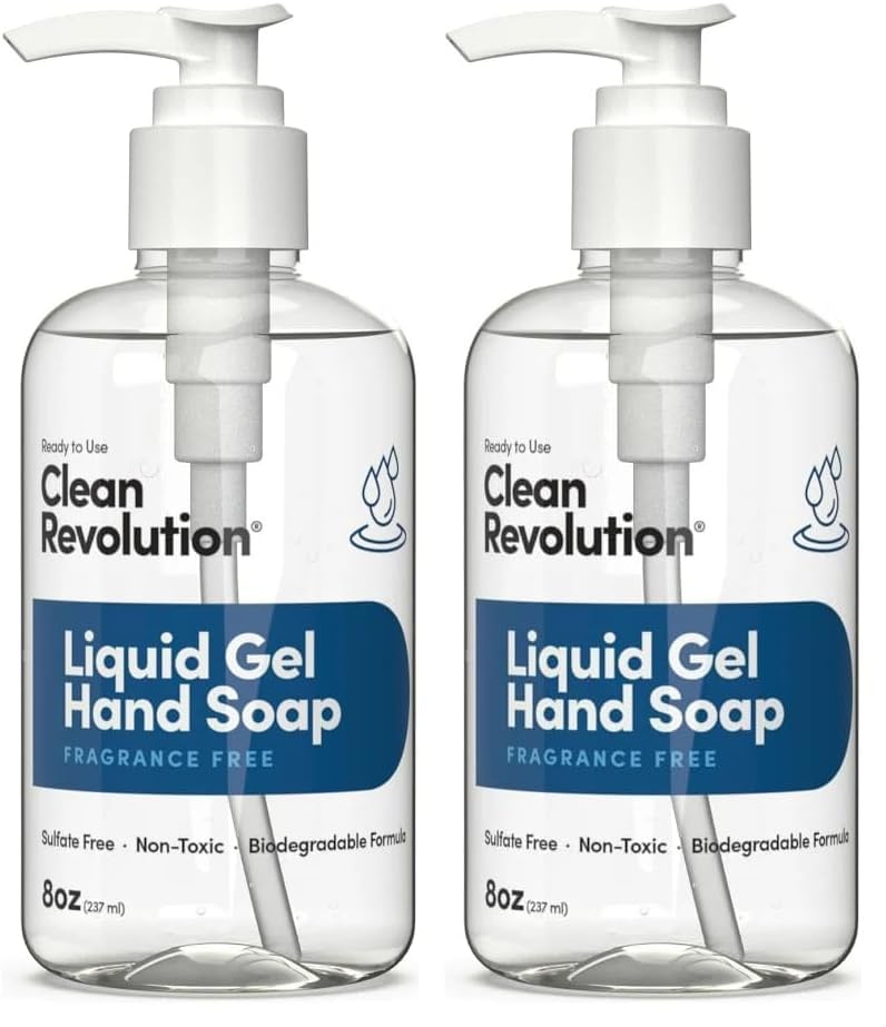 Image of Clean Revolution Liquid Gel Hand Soap, Silky Rich Liquid, Quick Lather, Fast Rinsing (Fragrance Free) 8 Fl Oz (Pack of 2)