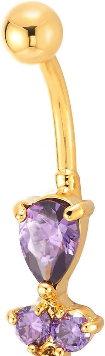 COOLSTEELANDBEYOND Gold Color Belly Button Ring with Purple CZ Gems Dangle Navel Piercing Jewelry for Women - Image 2
