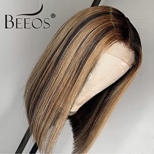 BEEOS 4X4 Lace Closure Wig 4/27 Highlight Short Bob Wigs Human Hair Pre Plucked Straight Color Lace Front Wig for Women 12 Inch