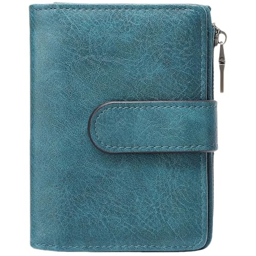 Small Genuine Leather Wallet for Women RFID Blocking Bifold Compact with Zipper Coin Pocke (Peacock Blue) - Main Image