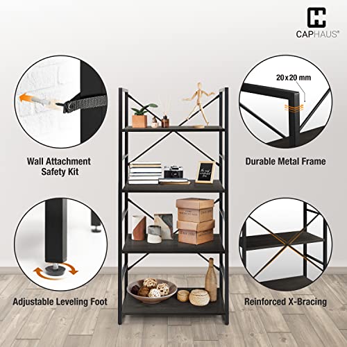 Image of CAPHAUS 4 Tier Bookshelf, 24 Inch Width Free Standing Shelf, Bookcase Shelf Storage Organizer, Industrial Book Shelves for Home Office, Living Room, Kitchen, Black Vintage Shelves & Metal Frame