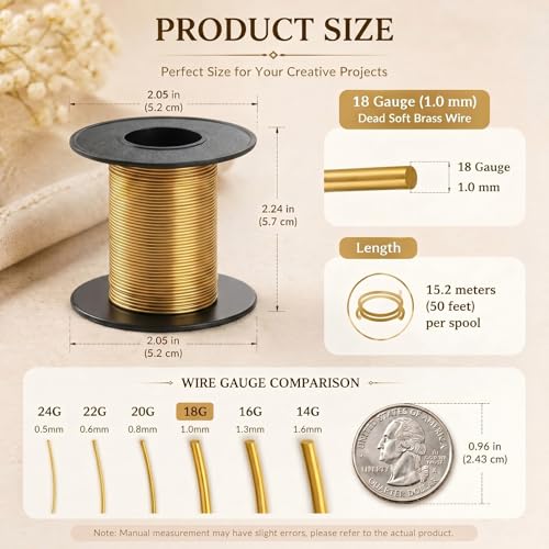 Image of Therwen 50ft 18 Gauge Brass Wire for Gardening, Electroculture, Bonsai, Jewelry Making Beading DIY Craft Pure Bare Brass Wire Spool