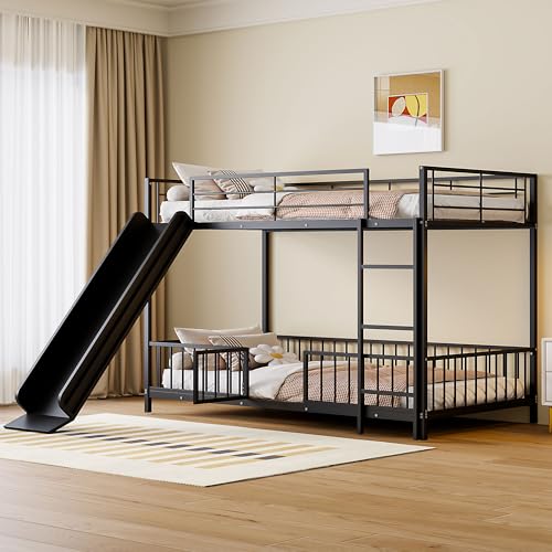 Image of Bellemave Twin Over Twin Bunk Bed with Slide and Ladder, Metal Low Bunk Bed for Kids, Girls, Boys, Removable Fence, with Door, Black