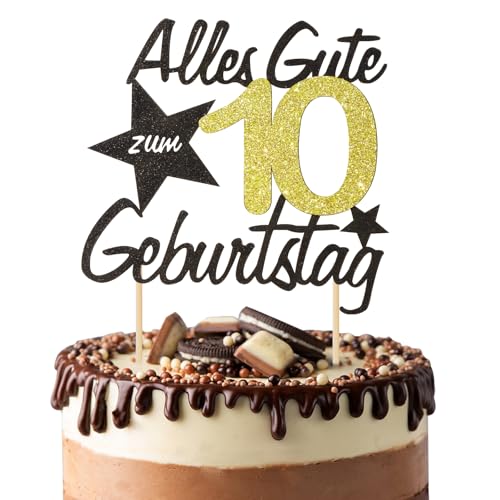 BOOMTOP Torten Deko 10 Geburtstag Deko Kuchen Junge Mädchen Happy 10th Birthday Cake Topper Alles Gute zum Geburtstag 10 Jahre Kindergeburtstag Kuchen Topper 10 Geburstagstorte Deko Gold Schwarz