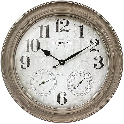 Presentime & Co. 26" Clifton in/Outdoor Farmhouse Clock with Thermometer & Hygrometer as All in One Weather Station, Farmhouse Wall Art and Timepiece for Home Decoration, Light Grey Oak Finish Cover