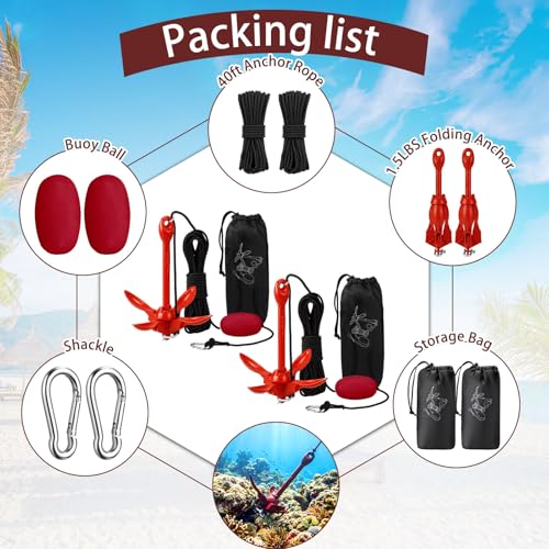 Image of Lounsweer 2 Pack 1.5 /3.5 lb Marine Kayak Anchor Kit Folding Grapnel Anchor Kit Boat Kayak Fishing Accessories for Small Boats Kayaks Canoe Paddle Boards