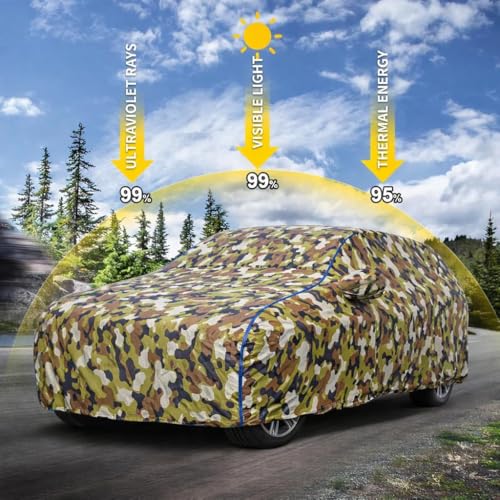 Image of Waterproof Car Body Cover for Maruti Suzuki Brezza with Mirror Pocket| Cotton Inner Lining | Triple Stitched | All Weather Protection | Dust, UV & Rain Proof (Camouflage with Blue Piping)