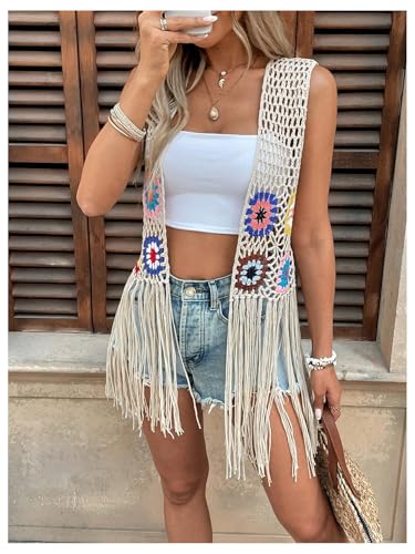 GORGLITTER Women's Fringe Vest Crochet Patchwork Sleeveless Open Front Vintage Cardigan4
