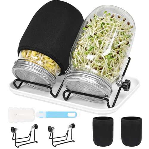 Newthinking Seed Sprouting Jar Kit 2 Pcs 1000ml Wide Mouth Mason Jars with Stainless Steel Sprout Lids Includes Trays Stands and Shading Cloth for Sprout Growth Suitable for Alfalfa Broccoli Bean