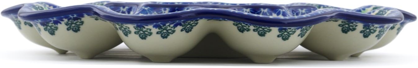Polmedia Polish Pottery Egg Plate UNIKAT - Trumpet Garden Pattern Handmade in Boleslawiec Poland by Ceramika Artystyczna + Certificate of Authenticity