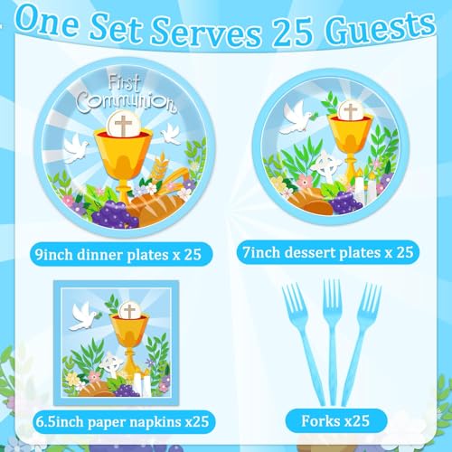 Image of Qyeahkj 100 Pcs Baptism Plates and Napkins, First Holy Communion Party Blue Paper Disposable Tableware Decorations for Boys God Bless Decor for Christening Celebration Party Baby Shower, Serves 25