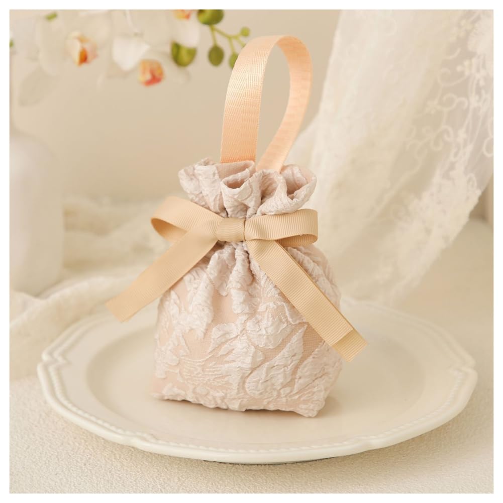 Hochzeit Geschenktüte Bonbonsbeutel Kleine Stoffbeutel mit Kordelzug und Henkel Geschenktasche mit Karten Geschenkbeutel Kordelzugbeutel für Hochzeiten Geburtstag Party Champagner 50 Stück