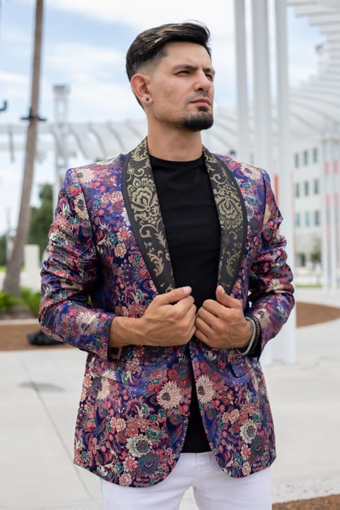 Vista 2 de COOFANDY Chaqueta de traje floral para hombre, chal, solapa, ajuste delgado, elegante, vestido, traje de graduación, fiesta, boda, blazer