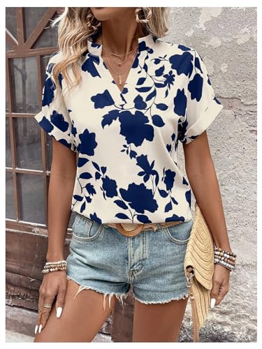 SweatyRocks Women's Floral Print V Neck Shirts Short Sleeve Casual Blouse Tops3