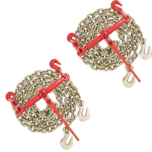 Image of AAIN 3 /8 inch-1 /2 inch Ratchet Chain Binder with 3 /8 Inch x 10 Foot Tow Chain | Heavy Duty 9,200 LBS Safe Working Load | Tie Down Hauling Chains Binders for Flatbed Truck Trailer | 2 Set