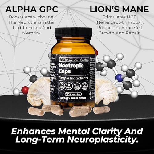 Image of Santa Cruz Paleo Nootropic Capsules - Lions Mane, Alpha GPC, Panax Ginseng & Ginkgo Biloba for Focus, Memory, Mental Clarity & Energy - Keto, Paleo, Gluten Free Brain Supplement, 60 Caps