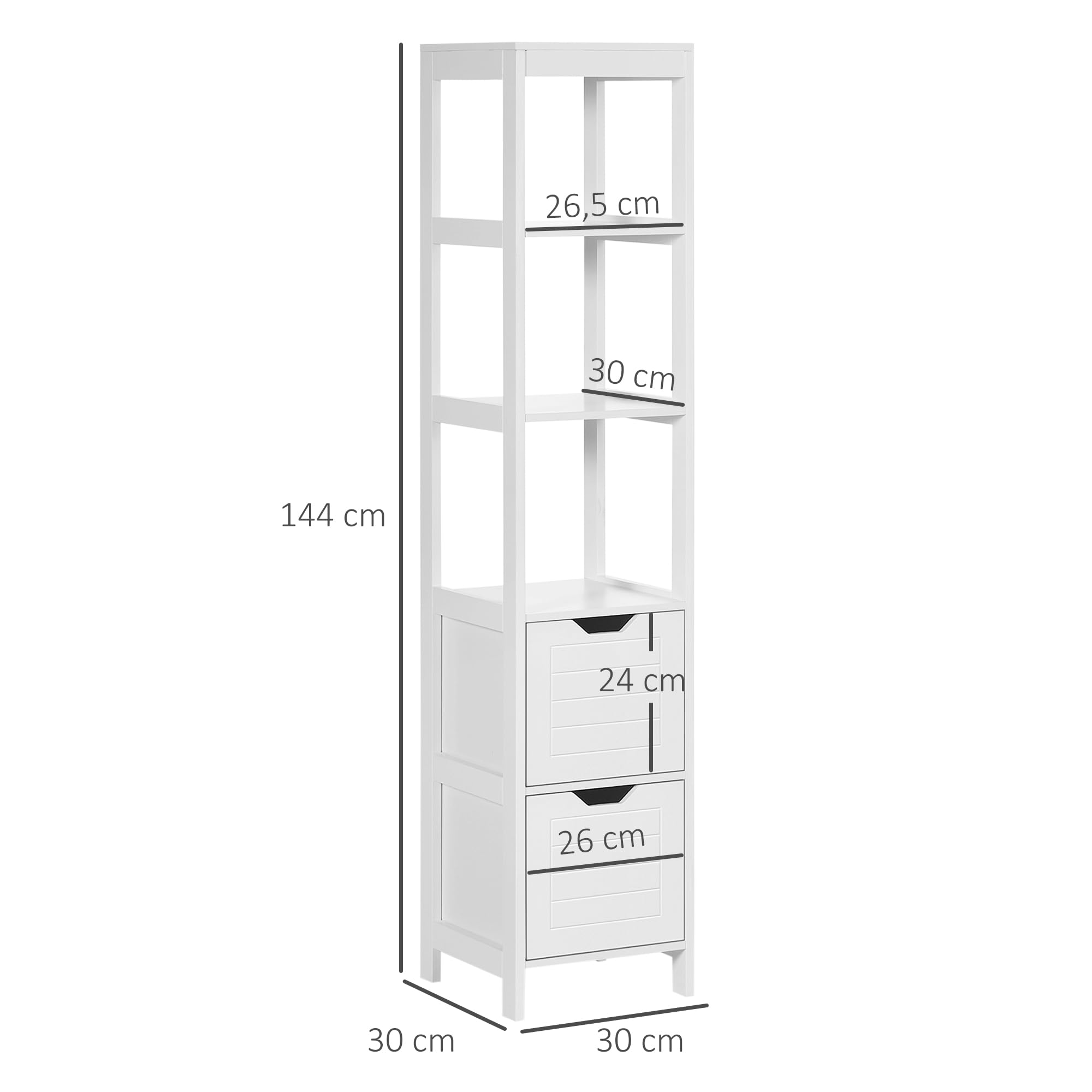 kleankin Meuble Colonne de Salle de Bain Armoire Haute Meuble Rangement avec 3 étagères et 2 tiroirs en Bois - 30 x 30 x 144 cm