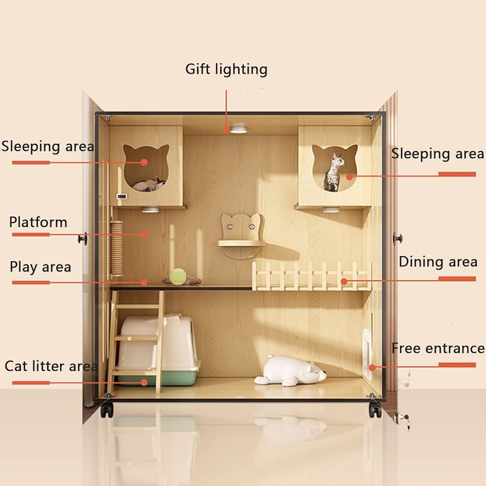 Recinzione per gatti, grande casetta in legno per interni ed esterni, con porte di fuga e rotelle, gabbia per gatti chiusa multi-funzione, per casa e negozio di animali domestici