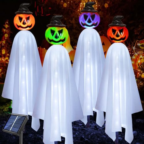 Upgraded Pumpkin Ghosts Halloween Decorations Outdoor, 4 Pack Waterproof Solar Ghosts...
