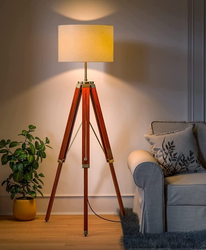 Tripod Floor Lamp Standing Wood Brown Polished Brass Antique Gold Adjustable 5ft Height 16 inches Off White Drum Lampshade for Living Room Corner, Bedroom, Home, Hotel Pack of 1-image-14