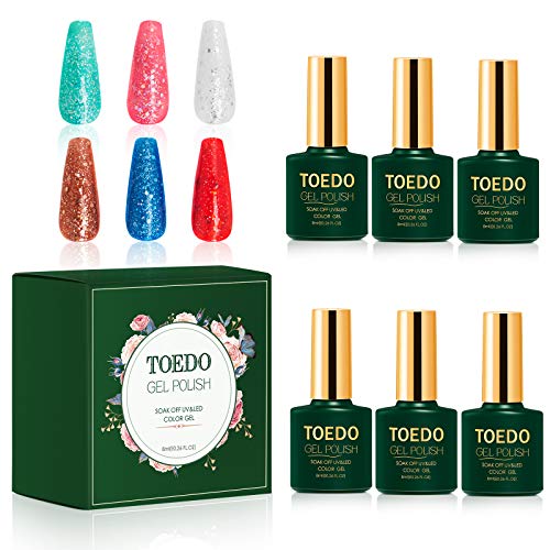 Glitter Gel Nail Poblish Kit - TOEDO Sparkle Nail Poblish 6 Pastel Red Brown Blue Pink Soak Off LED Lamp Nail Gel Colors Nail Art Set