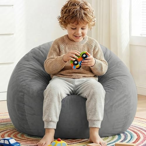Image of Stuffed Animal Storage Bean Bag Chair Cover for Kids (No Filler), Soft Comfy Velvet Beanbag Chair Cover Machine Washable, Kids Bean Bag Chair with Handle for Living Room Bedroom Dorm,Dark Gray