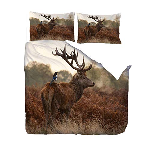 KLBPL Housse De Couette Taille Grande/240X220Cm Cerf Et Oiseau Impression Et Teinture 3D Linge De Lit Housse De Couette Taie d'oreiller Literie Trois Pièces Textile